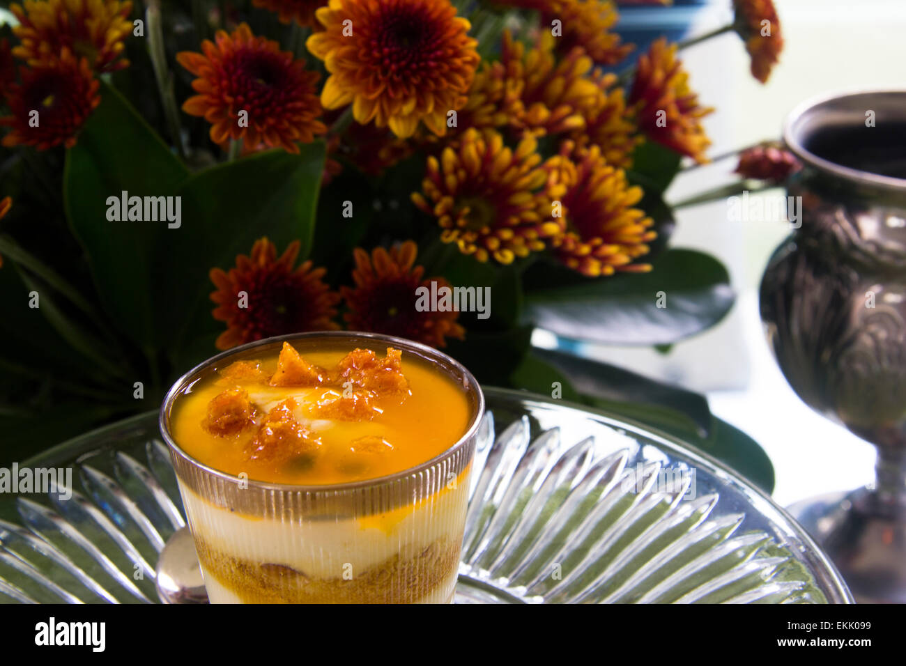 Gelatina di pesche con yogurt e muesli per fare un ottimo inizio mattina Foto Stock