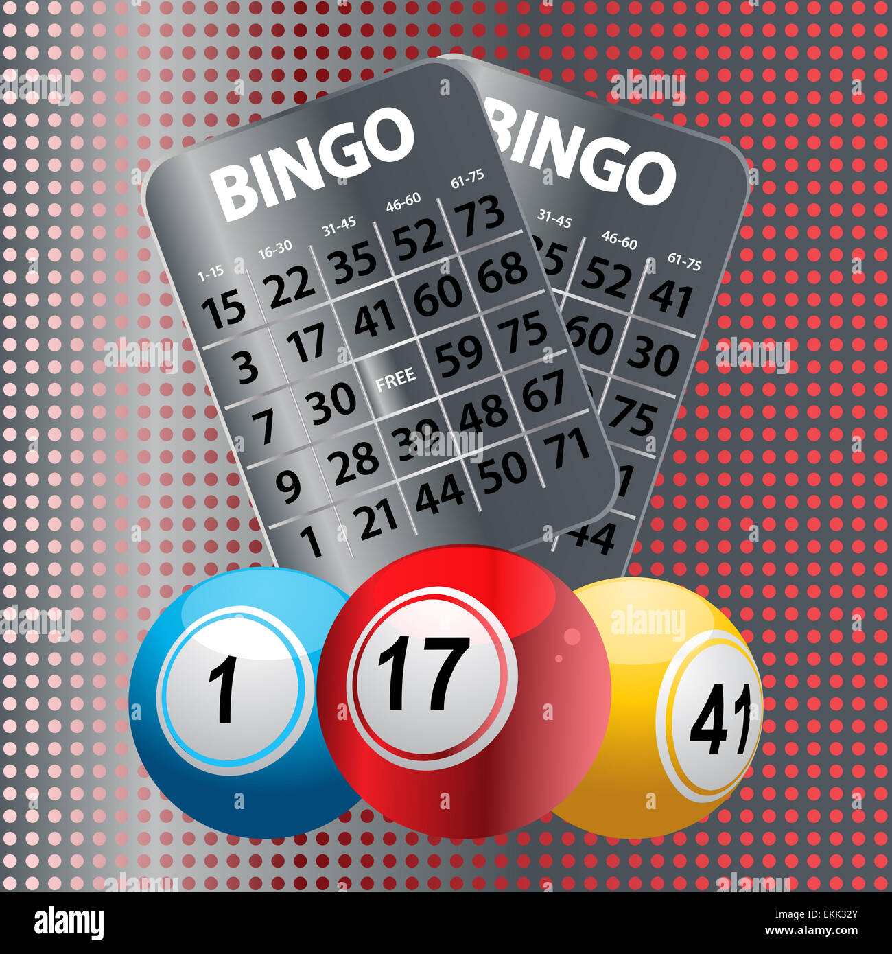 Bingo sfere metalliche con le schede di Bingo Foto Stock