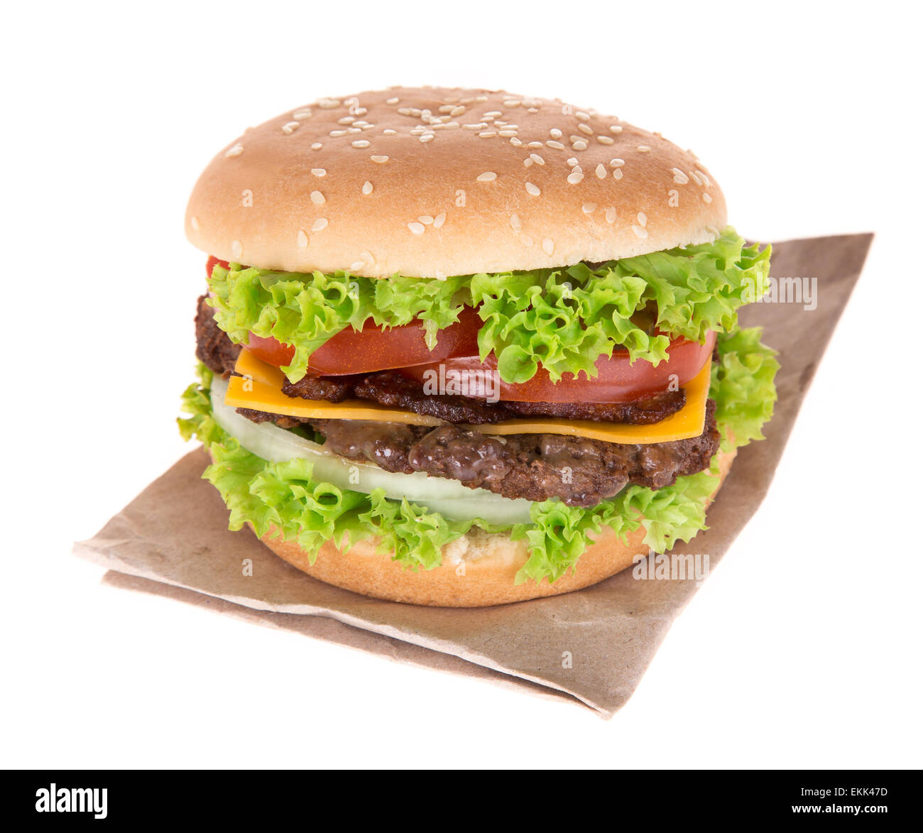Deliziosi hamburger su sfondo bianco Foto Stock