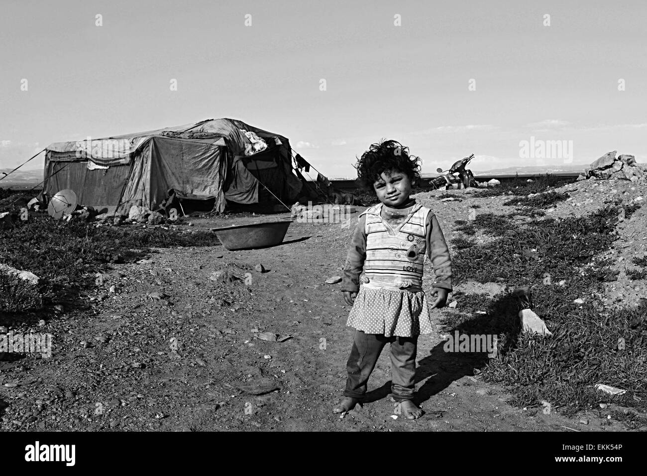 Ritratto di rifugiati che vivono senza tetto in Turchia. 1.4.2015 Reyhanli, Turchia Foto Stock