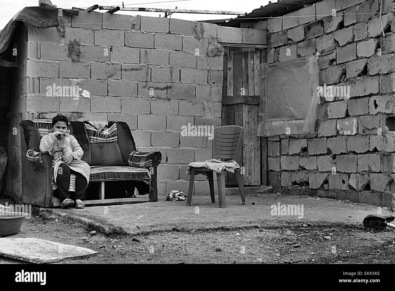 Ritratto di rifugiati che vivono senza tetto in Turchia. 2.4.2015 Reyhanli, Turchia Foto Stock