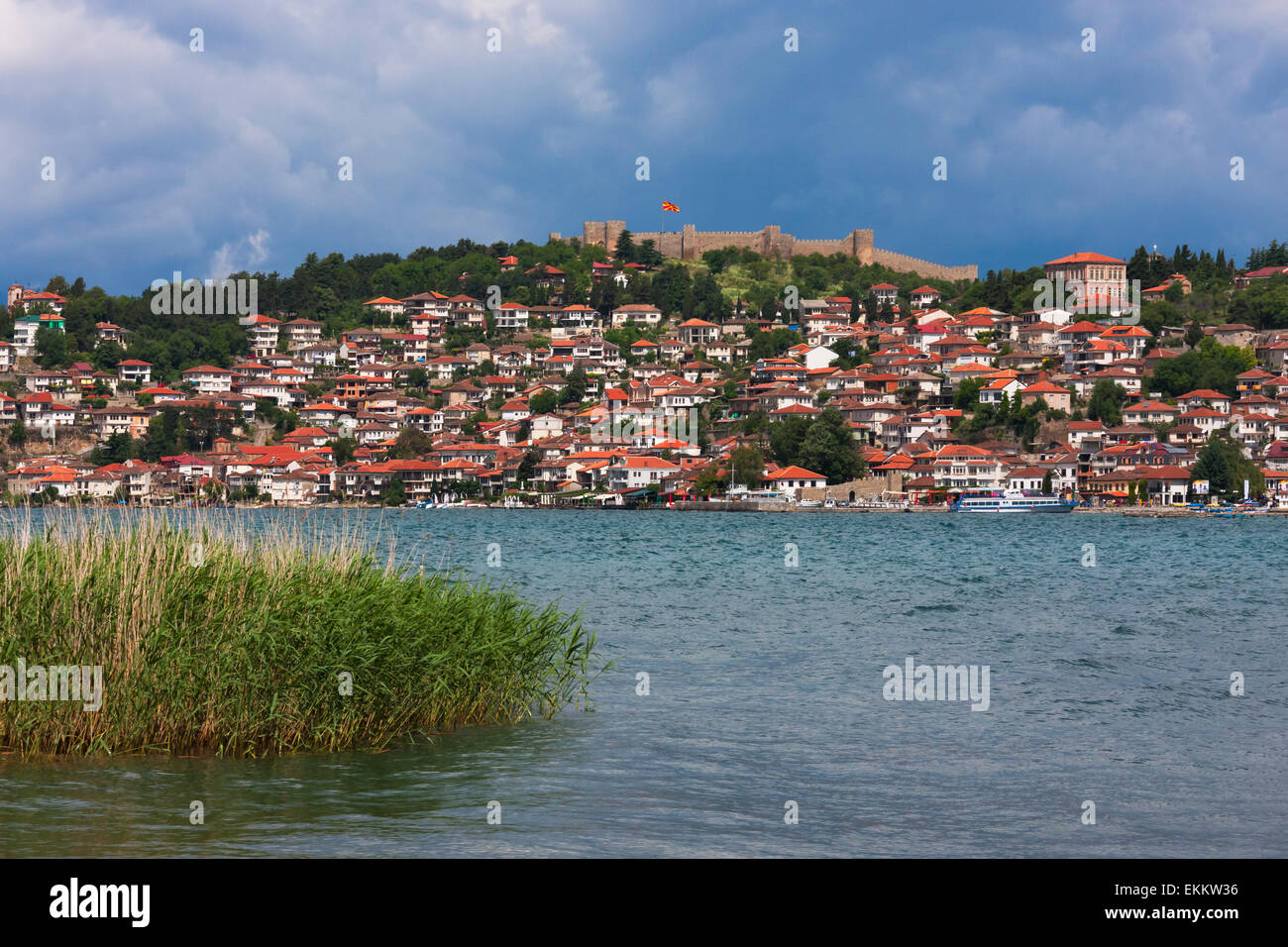 Lo Zar Samuil della fortezza con Ohrid cityscape sulle rive del lago di Ohrid, Repubblica di Macedonia Foto Stock