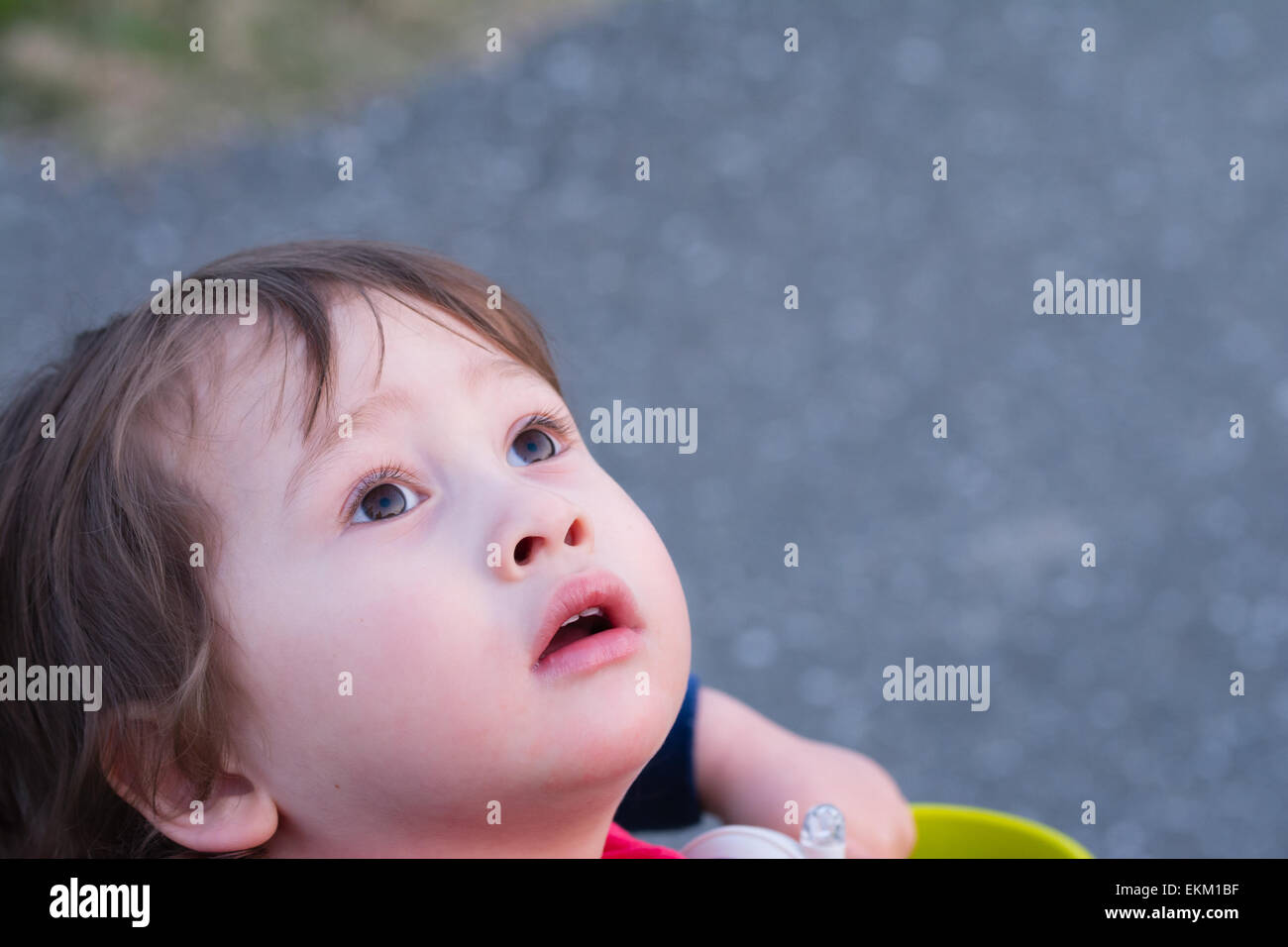 Un bambino di 2 anni boy staring off nel cielo. Foto Stock