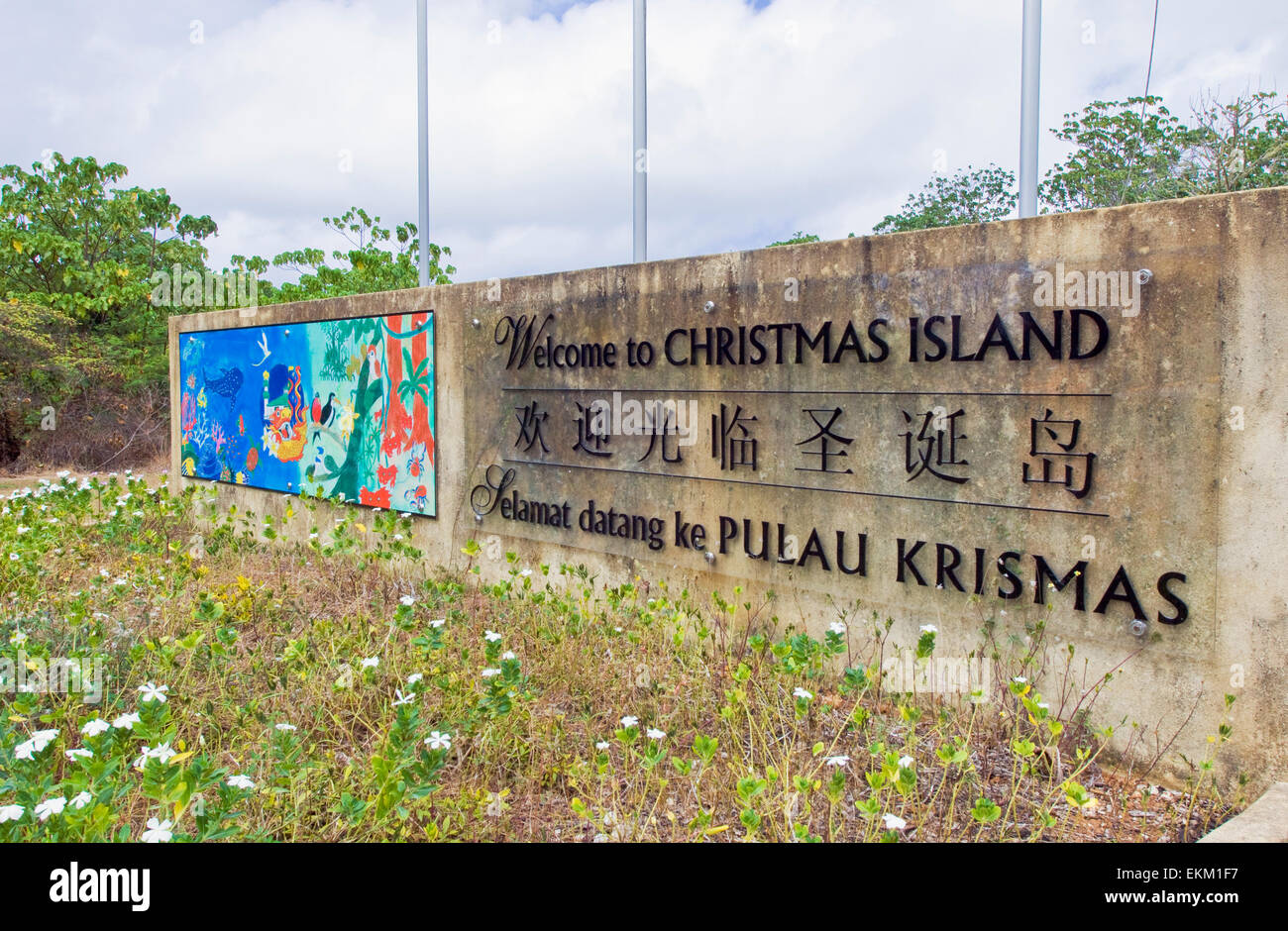 Segno di benvenuto al di fuori dell'aeroporto presso l'Isola del Natale in Australia Foto Stock