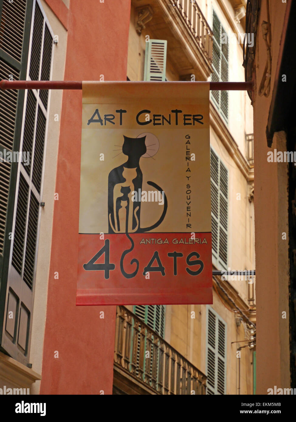 Un banner per firmare il 4 Gatti Art Center in Palma de Mallorca Foto Stock