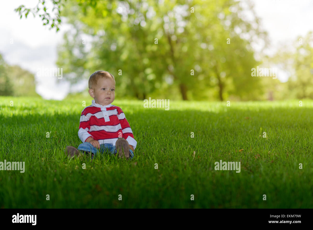 Carino ragazzo seduto sull'erba verde durante il giorno di estate Foto Stock