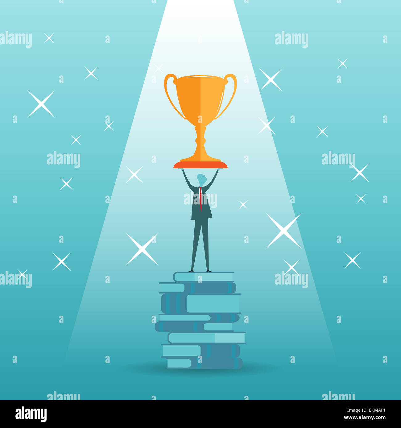 Vector cartoon illustrazione di un imprenditore tenendo un gigante golden trophy sulla sommità di una pila di libri. Foto Stock