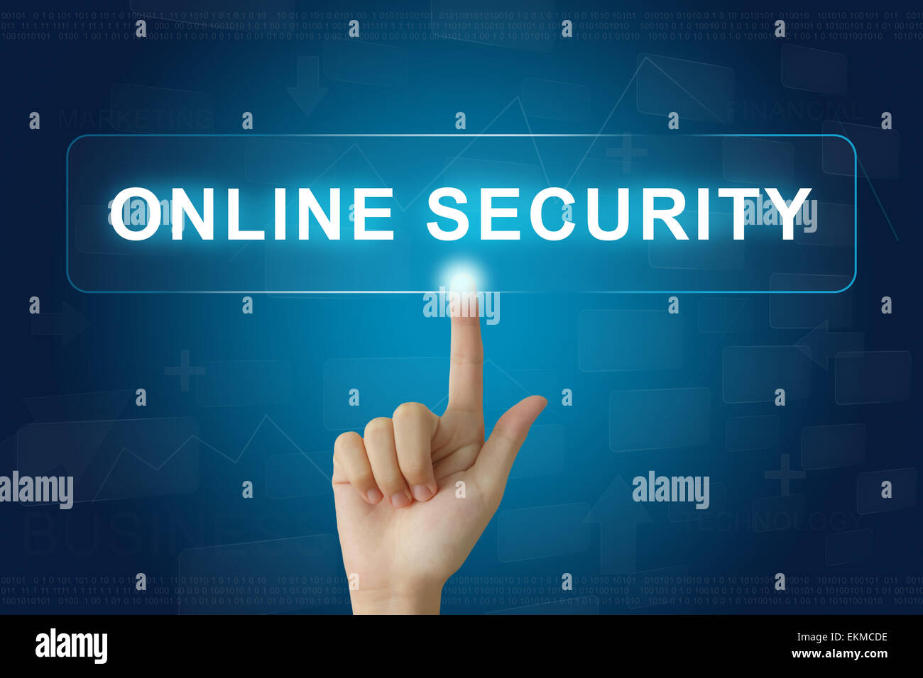 Premere a mano sulla sicurezza online pulsante sullo schermo virtuale Foto Stock