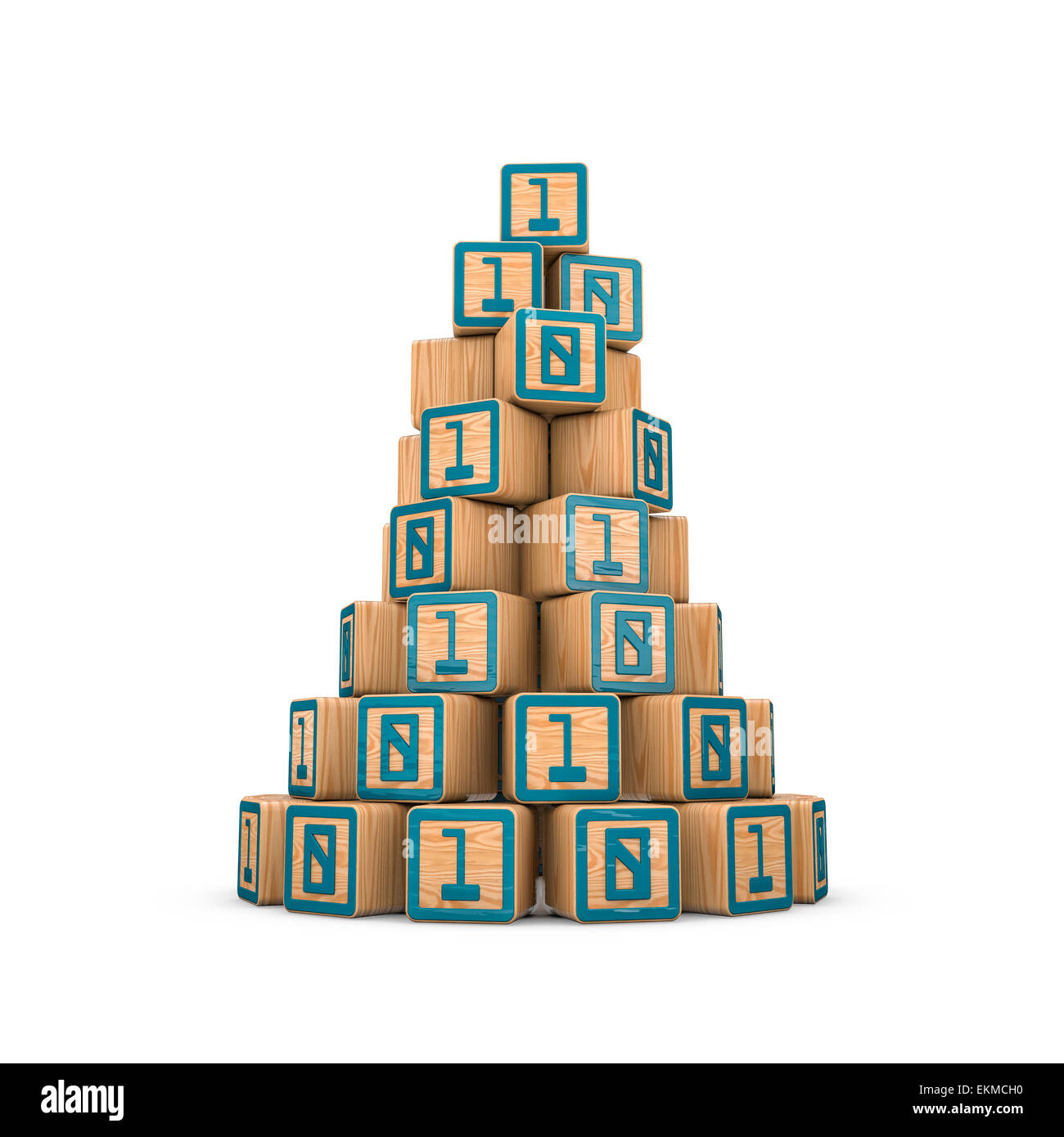 3D render di blocchi giocattolo con binario di uno e zero impilati in una piramide Foto Stock