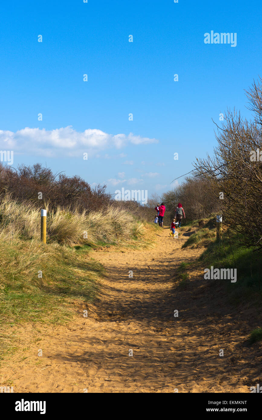 Persone che camminano giù il sentiero pedonale alla spiaggia attraverso Berrow Dune di natura locale riserva, Somerset Foto Stock