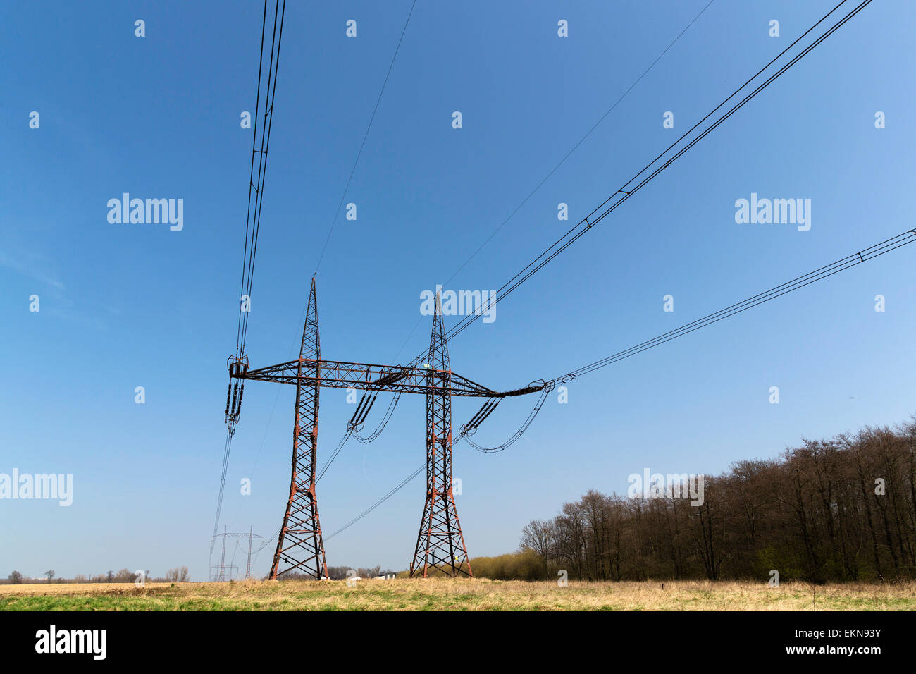 Tensione alta tralicci, linee di alimentazione Foto Stock