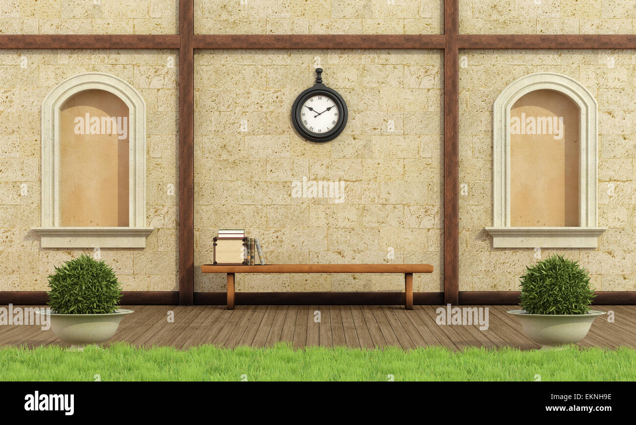 Giardino classico con due nicchie,muro di pietra e panca in legno con libri - 3D Rendering Foto Stock