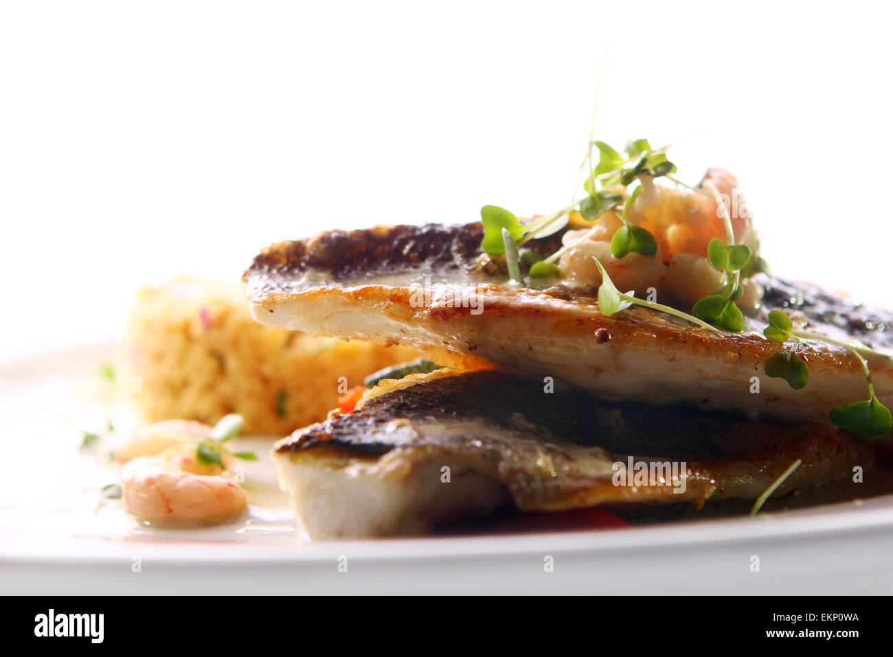 Gourmet di pesce grigliato servito con gamberetti Foto Stock