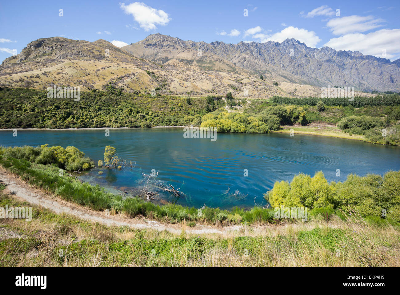 Fiume Shotover e la catena montuosa Remarkables, Queenstown, South Island, in Nuova Zelanda. Foto Stock