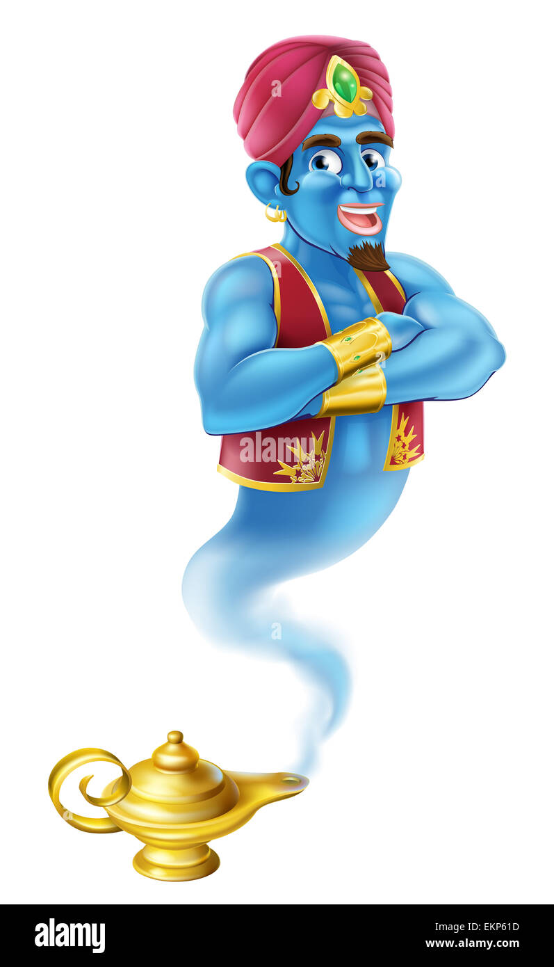 Una illustrazione di un cartone animato di Genie come nella storia di Aladdin proveniente da una lampada magica Foto Stock
