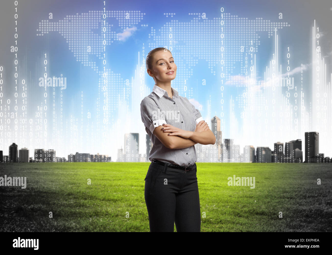 Persona d'affari con i simboli digitali Foto Stock