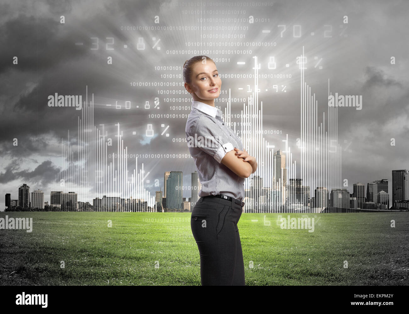 Persona d'affari con i simboli digitali Foto Stock