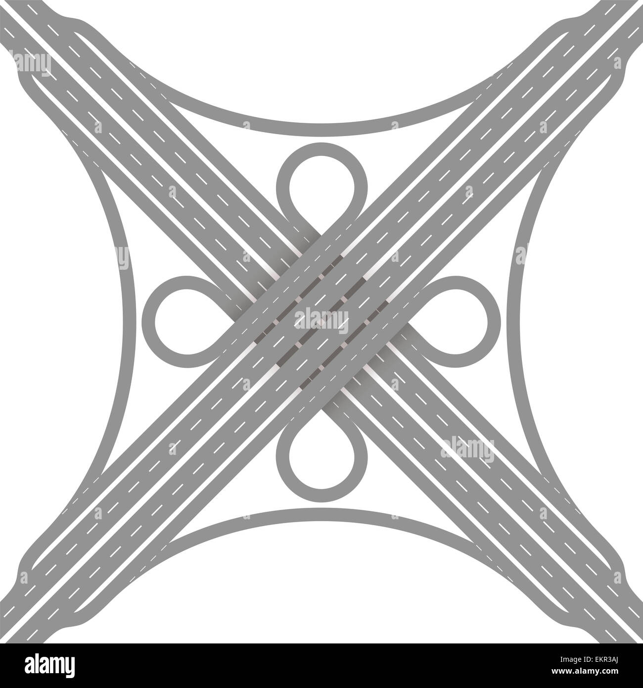 Quadrifoglio interchange - livello due, quattro vie di scambio con collettore/distributore strade, rampe di loop, il sottopassaggio e cavalcavia. Foto Stock