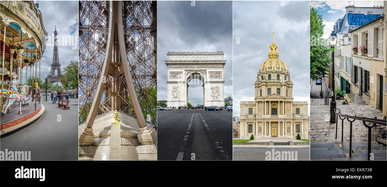 Collage di immagini da Parigi, adatto per la pagina di intestazione: Giostra & Torre Eiffel, Gustave Eiffel busto, Arco di Trionfo, Foto Stock