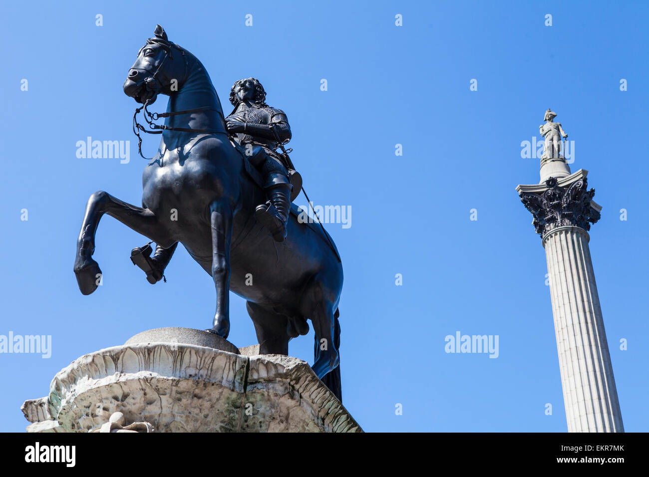 La statua di Re Carlo 1a con la magnifica Nelsons Column in background in Trafalgar Square a Londra. Foto Stock