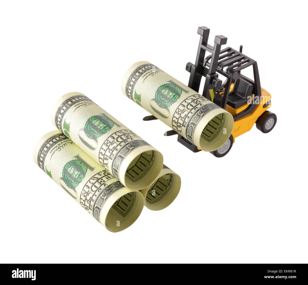 Oggetti isolati: concetto finanziario, giallo carrello impilando one-Hundred Dollar Bills, laminato come tubi, isolato su bianco ba Foto Stock