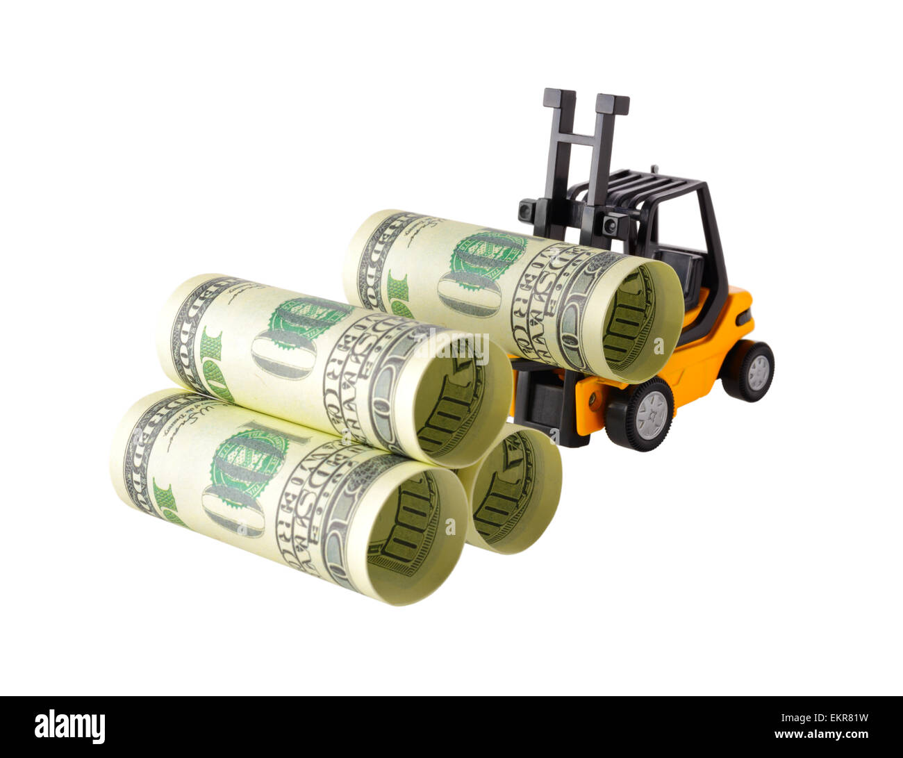 Oggetti isolati: concetto finanziario, giallo carrello impilando one-Hundred Dollar Bills, laminato come tubi, isolato su bianco ba Foto Stock