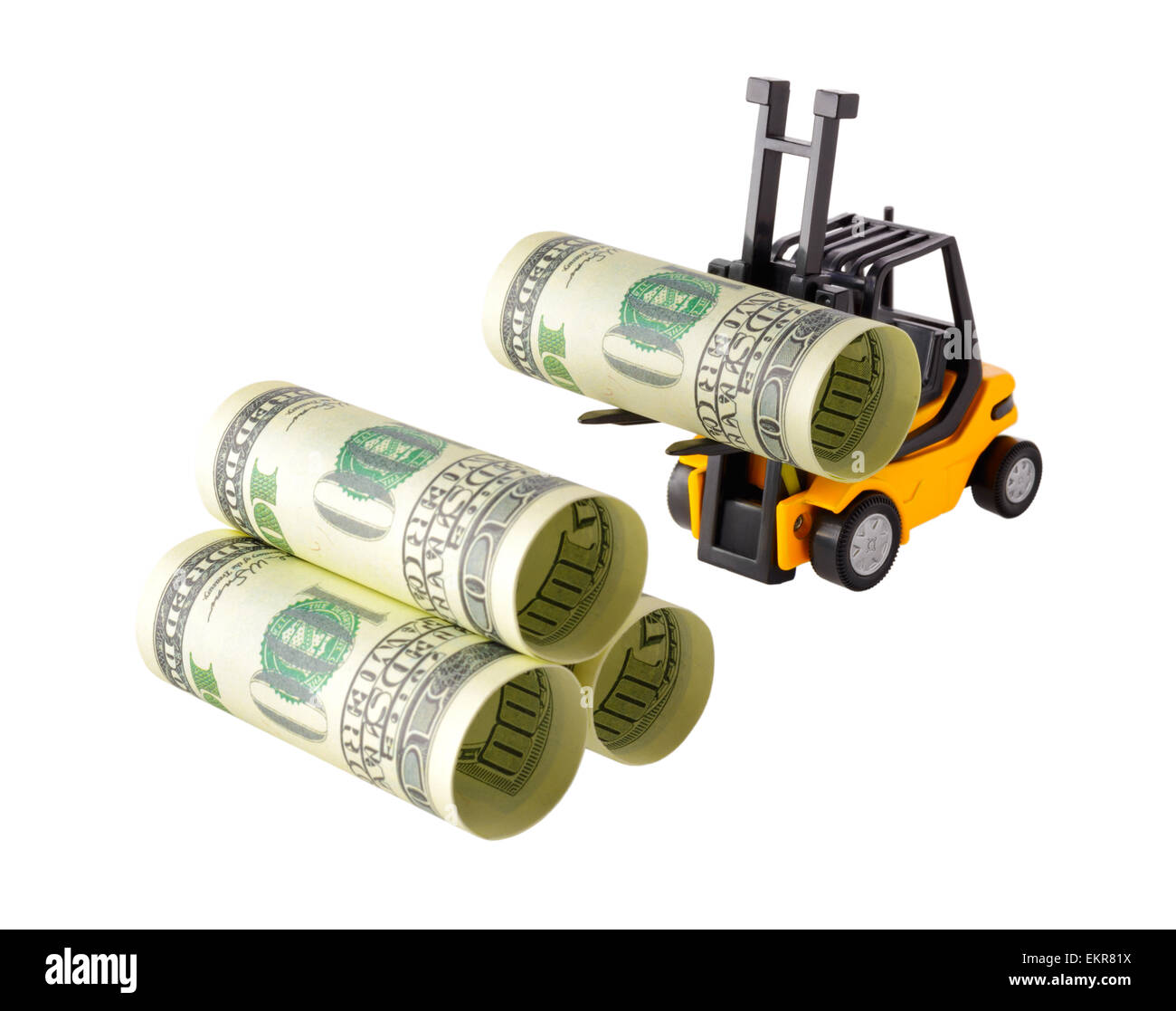 Oggetti isolati: concetto finanziario, giallo carrello impilando one-Hundred Dollar Bills, laminato come tubi, isolato su bianco ba Foto Stock