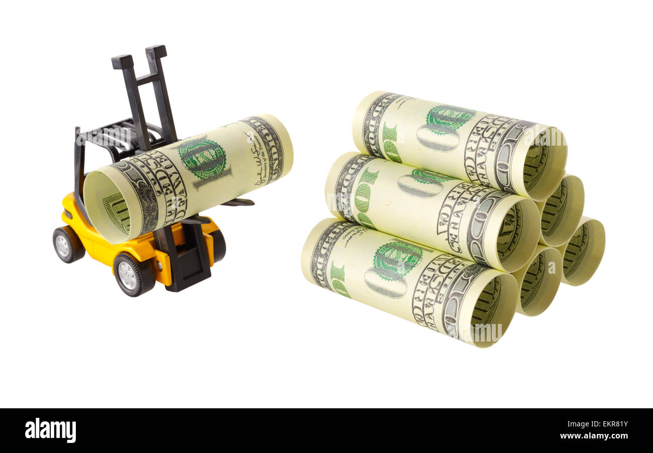 Oggetti isolati: concetto finanziario, giallo carrello impilando one-Hundred Dollar Bills, laminato come tubi, isolato su bianco ba Foto Stock