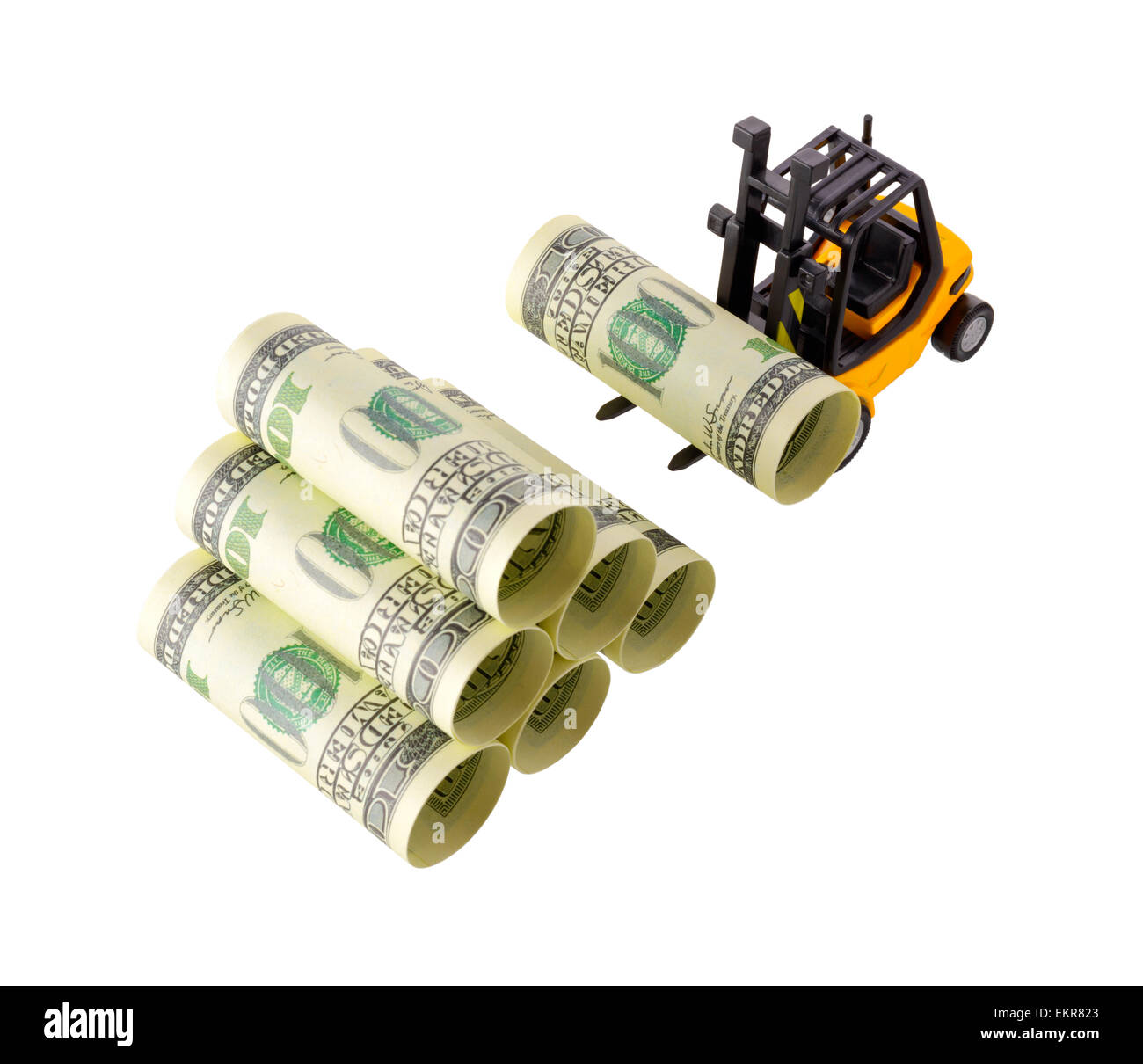 Oggetti isolati: concetto finanziario, giallo carrello impilando one-Hundred Dollar Bills, laminato come tubi, isolato su bianco ba Foto Stock