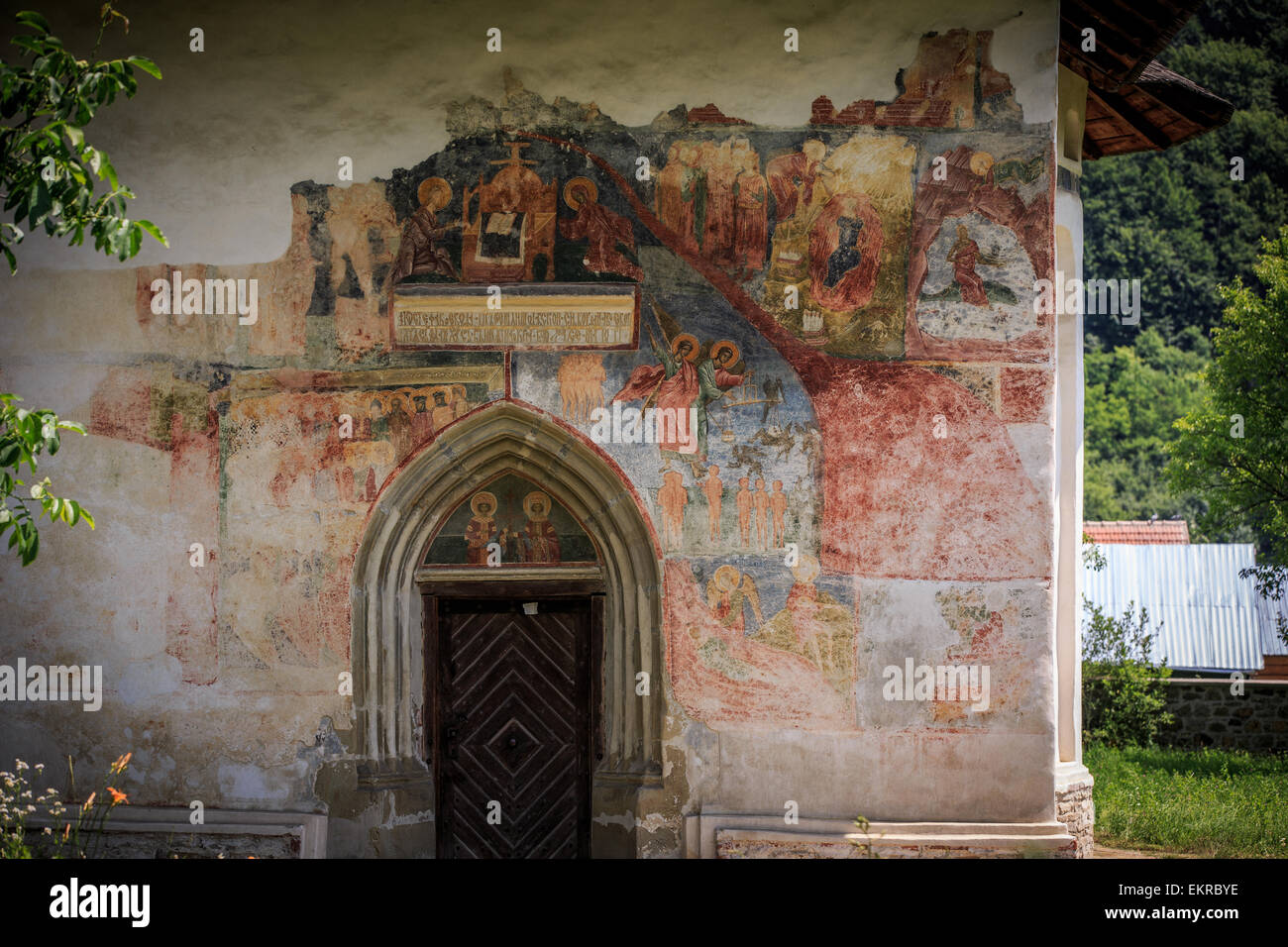 Patrauti monastero - uno dei tanti monasteri dipinti di Bucovina, Romania (affresco dettaglio) Foto Stock