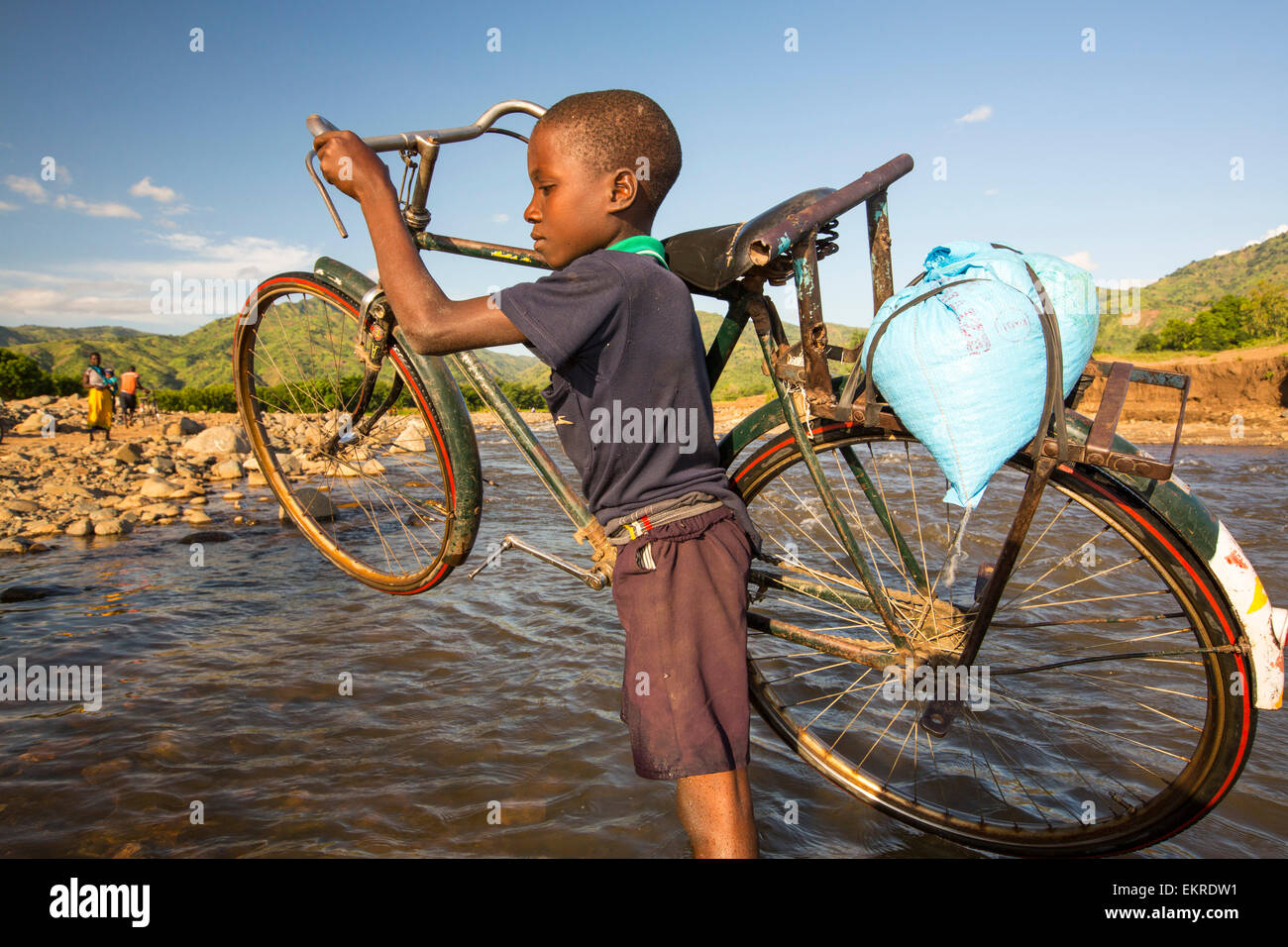 A metà gennaio 2015, un periodo di tre giorni di piogge eccessive portato inondazioni senza precedenti per il povero piccolo paese africano del Malawi. Esso spostato quasi un quarto di milione di persone e ha devastato 64.000 ettari di terreno, e ucciso centinaia di persone. Questa foto mostra un ragazzo che porta la sua moto attraverso un fiume Shire Valley vicino a Chikwawa, dopo la strada e il ponte sono state lavate via. Foto Stock