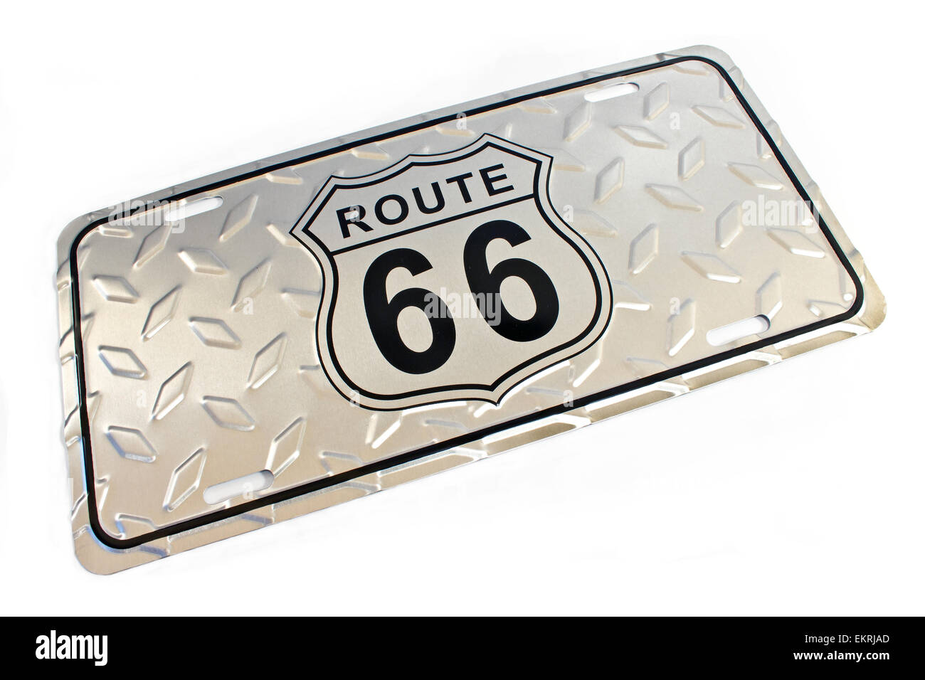 Route 66 argento segno metallico isolato su bianco Foto Stock