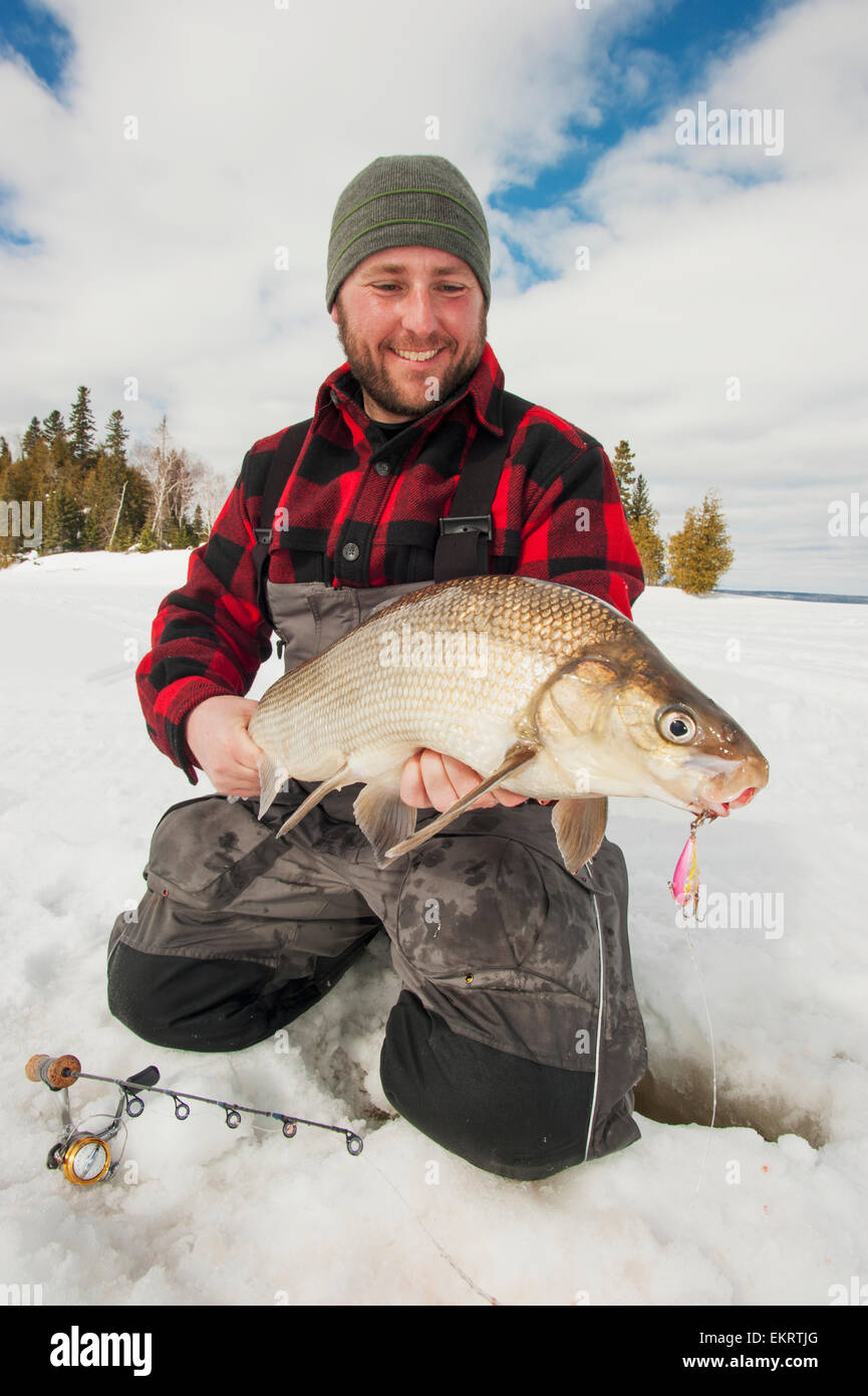 Ice fisherman tenendo un grande coregoni; Ontario, Canada Foto Stock