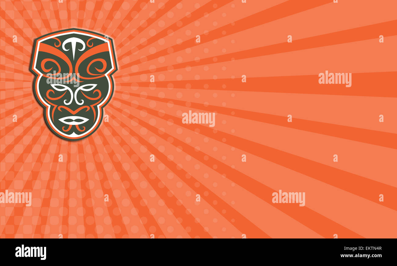 Business card mostra illustrazione di un tradizionale maschera maori faccia rivolta verso la parte anteriore isolato su sfondo bianco fatto in stile retrò. Foto Stock