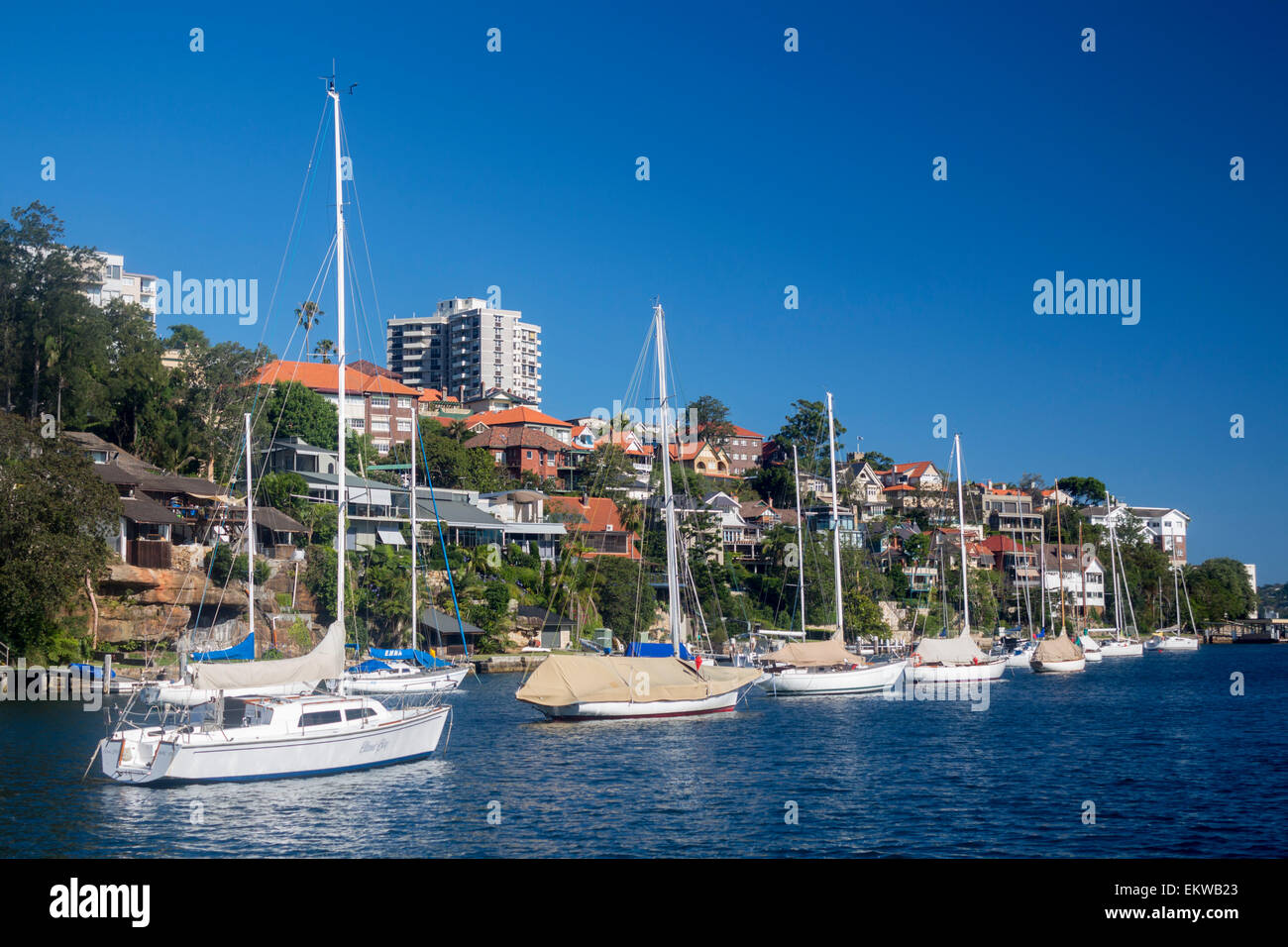 Mosman Harbour o Mosman Bay con barche, guardando fuori a Port Jackson North Shore sobborghi Sydney New South Wales NSW Australia Foto Stock