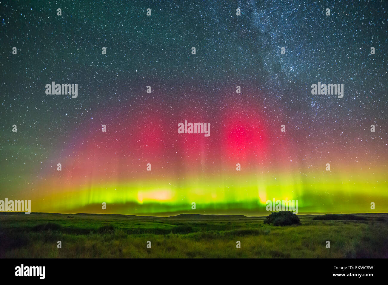 Il 26-27 agosto, 2014 - Aurora boreale sopra praterie Parco Nazionale in Saskatchewan, Canada. Foto Stock