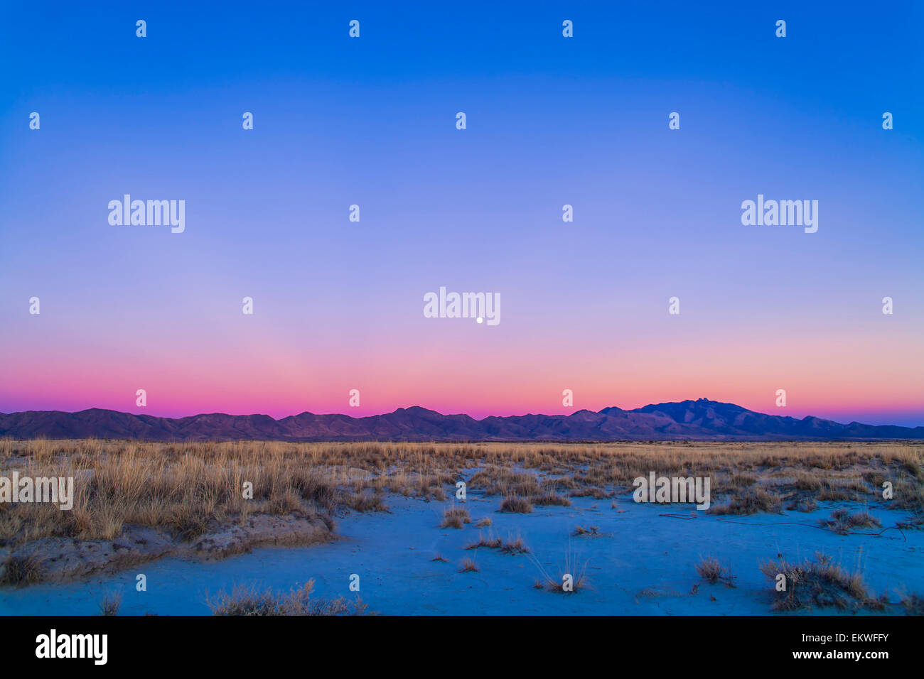 Dicembre 15, 2013 - Tramonto colori crepuscolo e la ceratura gibbous moon over Chiricahua Mountains nel sud-est dell Arizona, sud Foto Stock