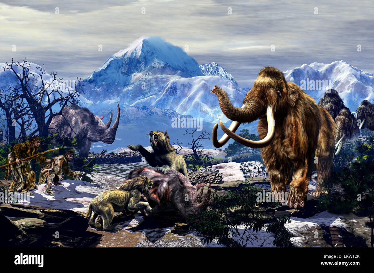 2 L'uomo di Neanderthal che si avvicinano ad un gruppo di alimentazione Machairodontinae su un vago rinoceronte con un gruppo di mammut lanosi sul Foto Stock
