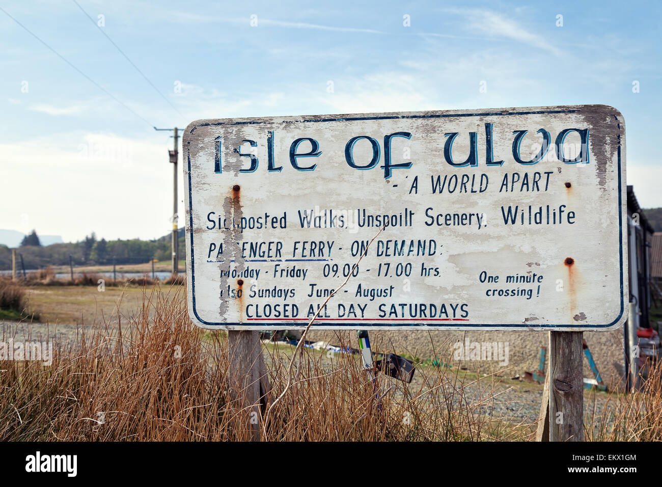 Isola di Ulva, Scozia : abbandonate cartello turistico Foto Stock