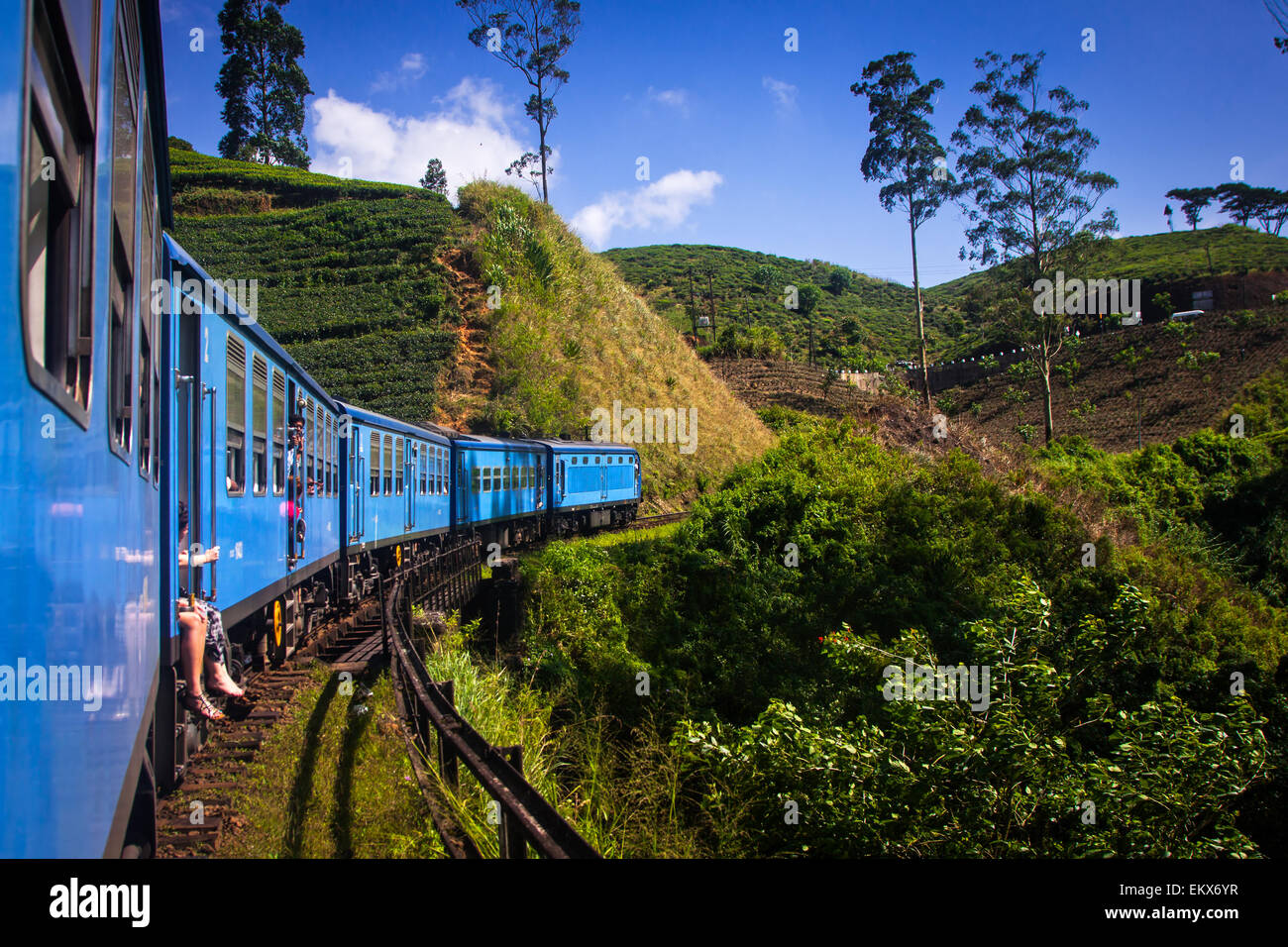 Treno da Nuwara Eliya a Kandy tra le piantagioni di tè negli altopiani dello Sri Lanka Foto Stock