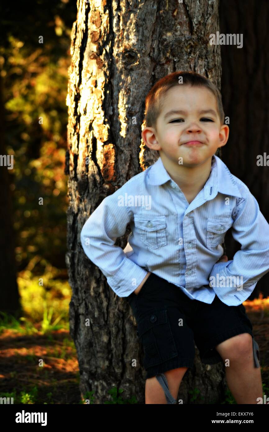 Una buffa 3 anno vecchio ragazzo che pongono di fronte a un albero. Foto Stock