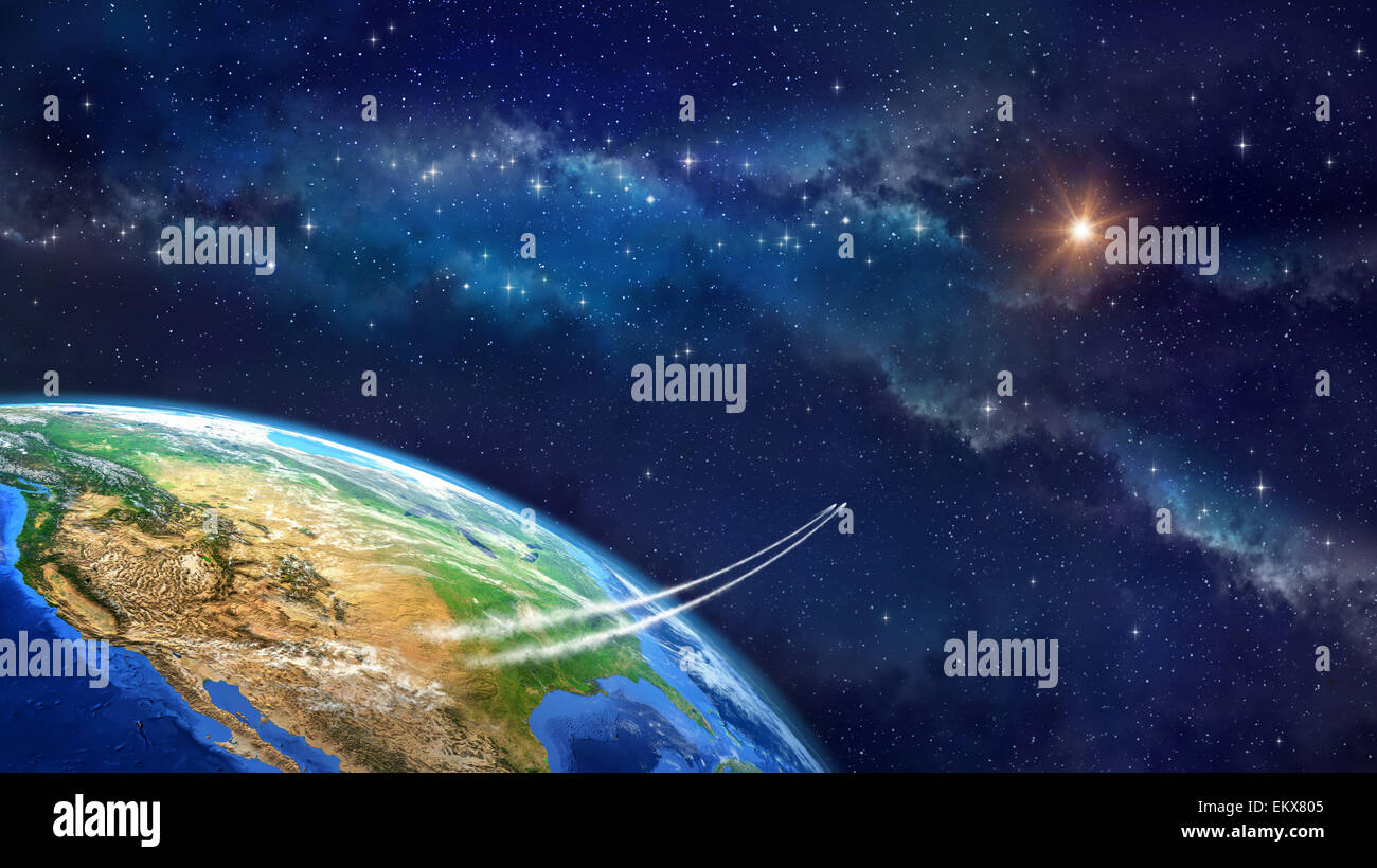 Il pianeta terra nello spazio esterno. Navicelle spaziali sollevare dal suolo NEGLI STATI UNITI. Gli elementi di questa immagine fornita dalla NASA Foto Stock
