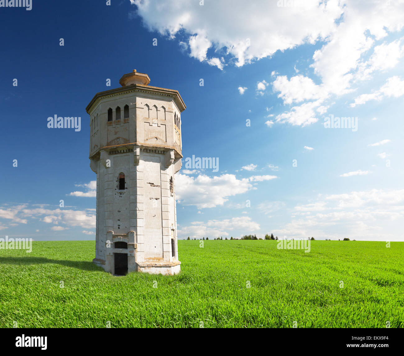 Campo verde e antica torre in pietra Foto Stock