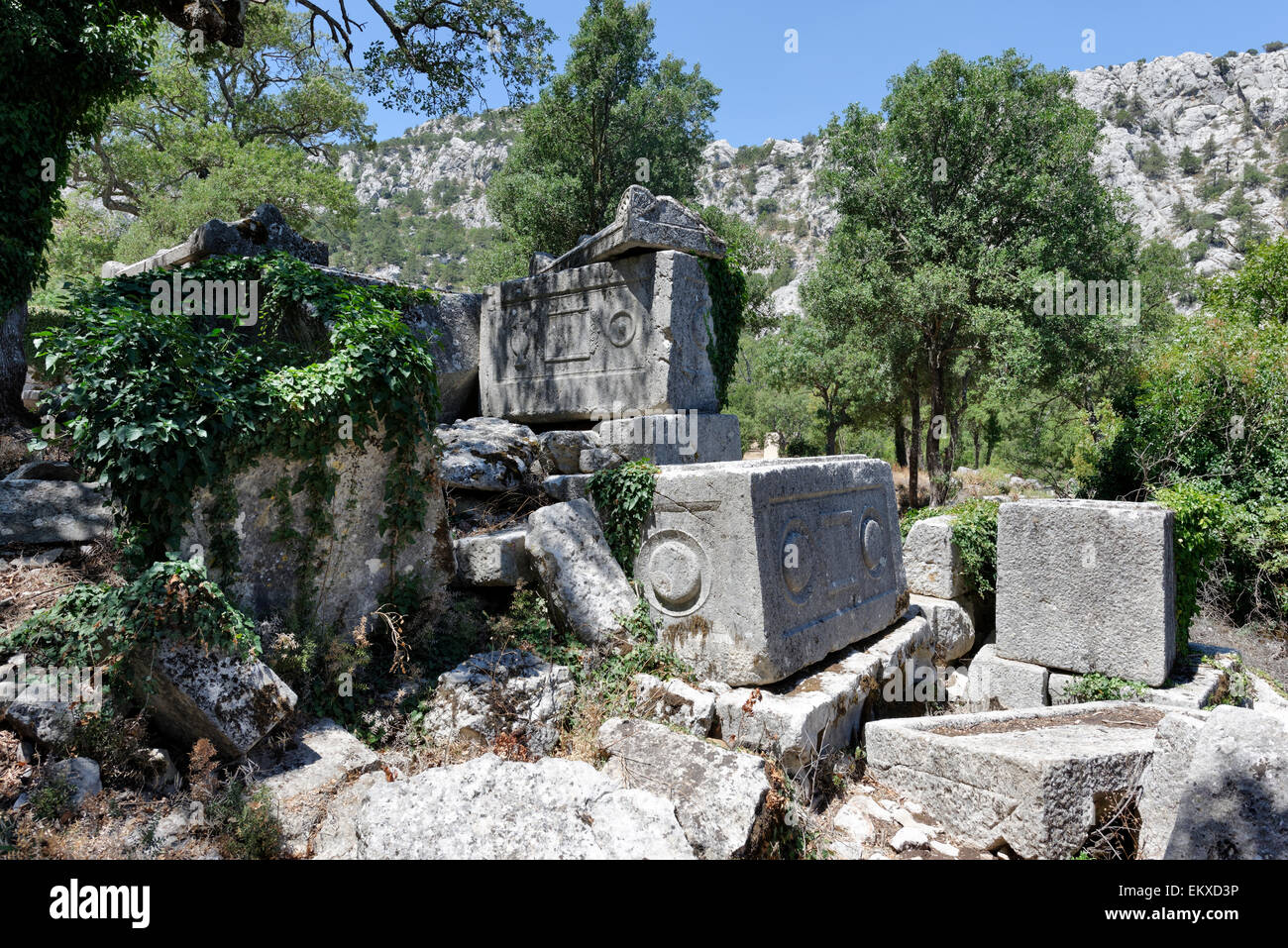 In frantumi sarcofagi e tombe della necropoli settentrionale. Termessos, nella Turchia meridionale. Foto Stock