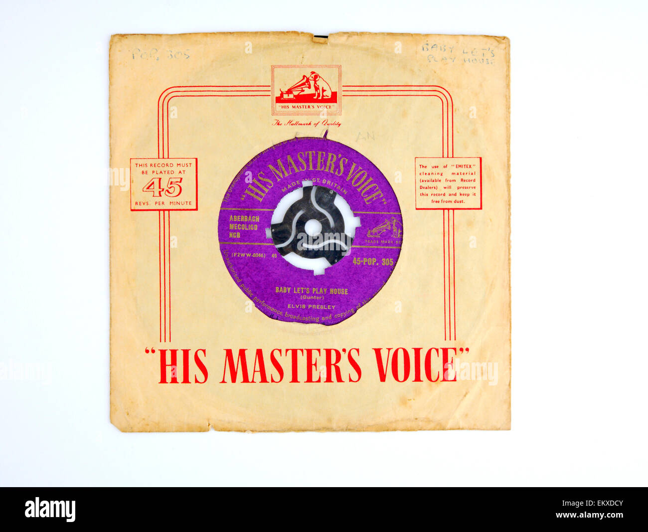 Una rara Elvis Presley hit singolo Rip it up b/w Baby giochiamo casa sull'etichetta HMV rilasciato nel 1957. Foto Stock
