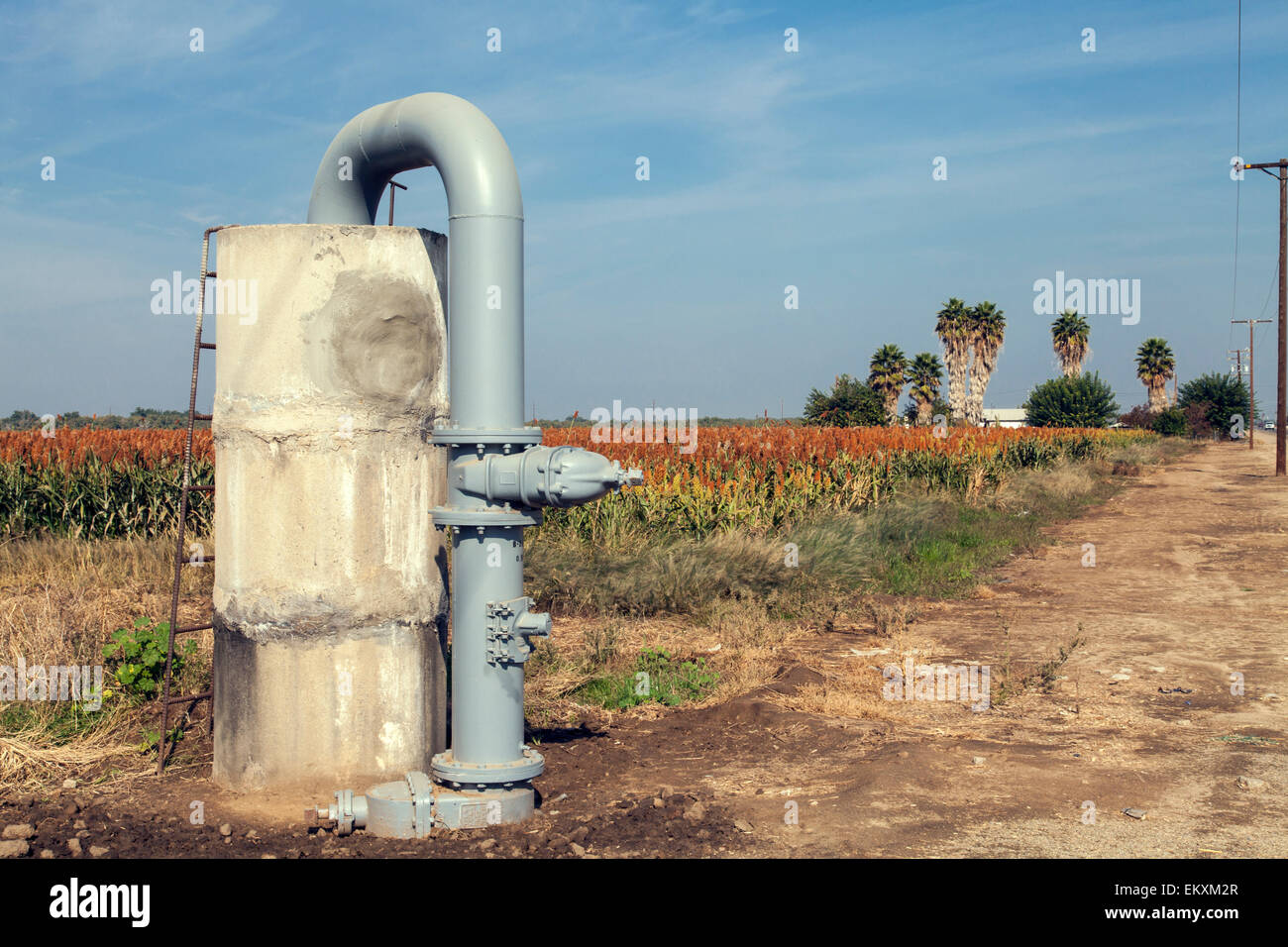 Acque sotterranee bene e il tubo rigido per l'irrigazione delle colture. Porterville, Tulare County, San Joaquin Valley, California, Stati Uniti d'America Foto Stock
