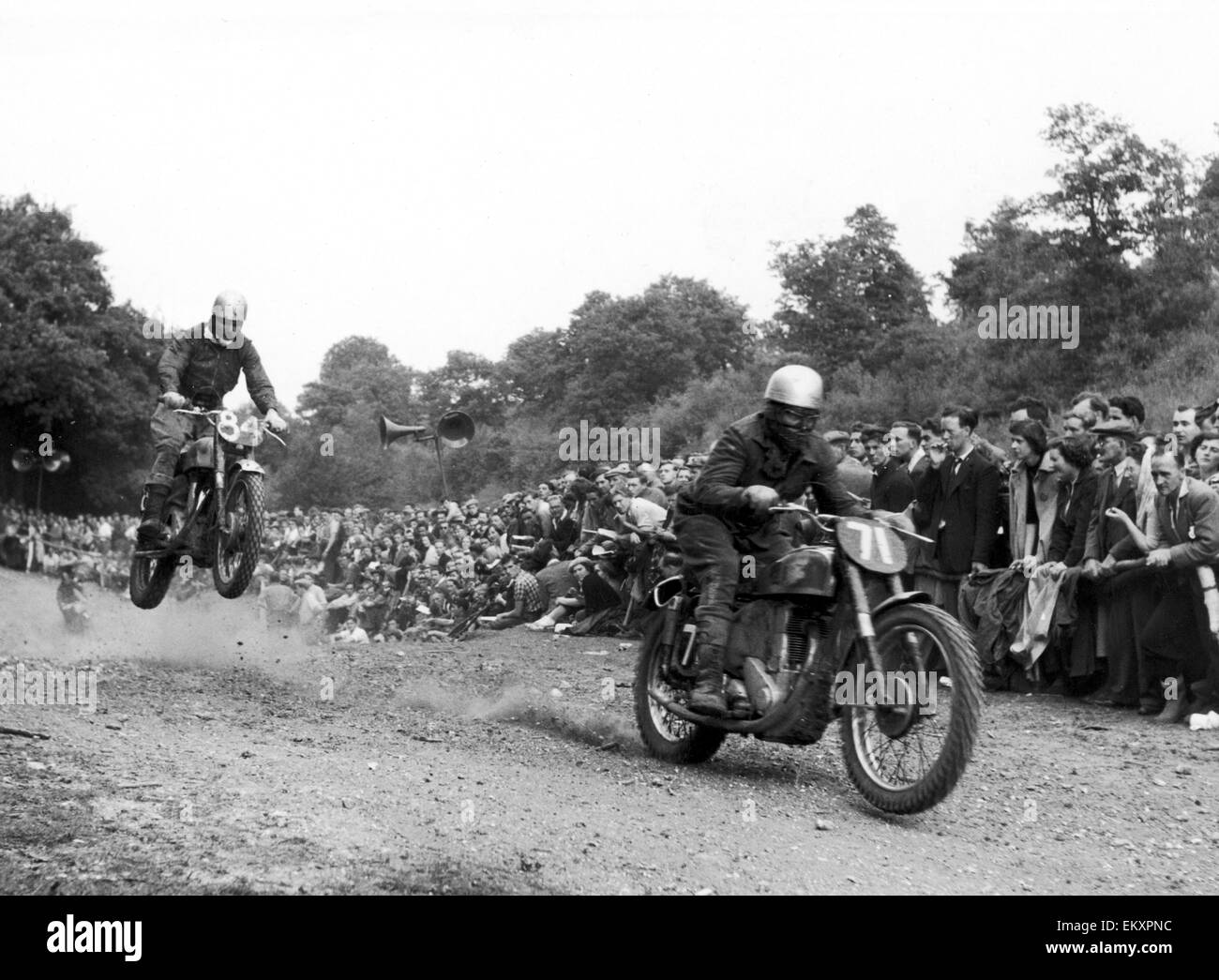 Dingle Dell, Dingle Dell, Dingle tutto il modo: oh che cosa divertente è di cavalcare - se la vostra bici non vanno errando! Bike no 84, cavalcato da D Curtis, quasi fatto andare astrayas esso lept oltre il fronte di salita, pentola forata di Dingle Dell. Ma Curtis fatta una prima classe di atterraggio e andato lo strappo dopo R Searlwe su 71. Essi erano in concorrenza in un international motor cycle scramble a marchio della botola 19 Agosto 1952 Foto Stock