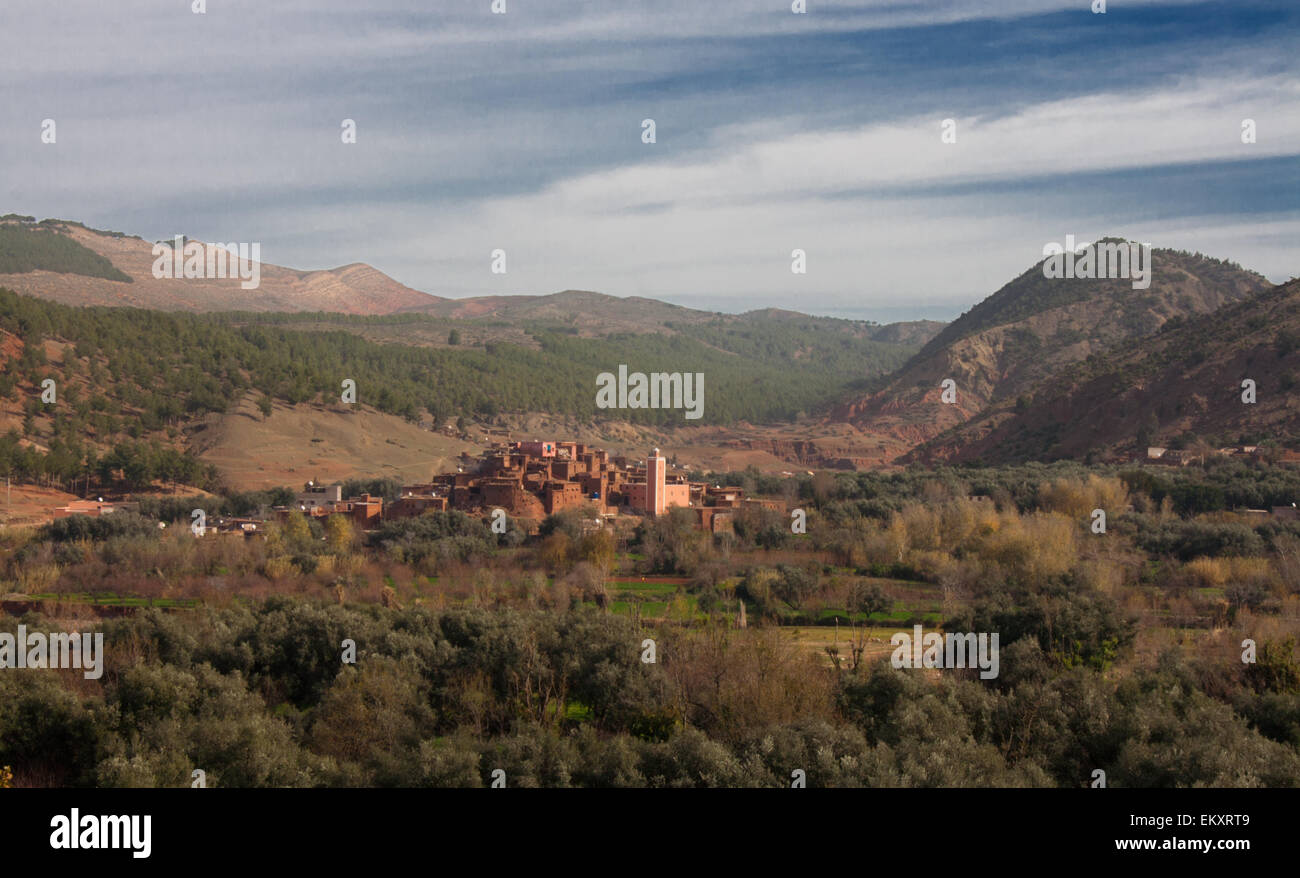Villaggio sul paesaggio di montagna della valle di Ourika, Marocco Foto Stock