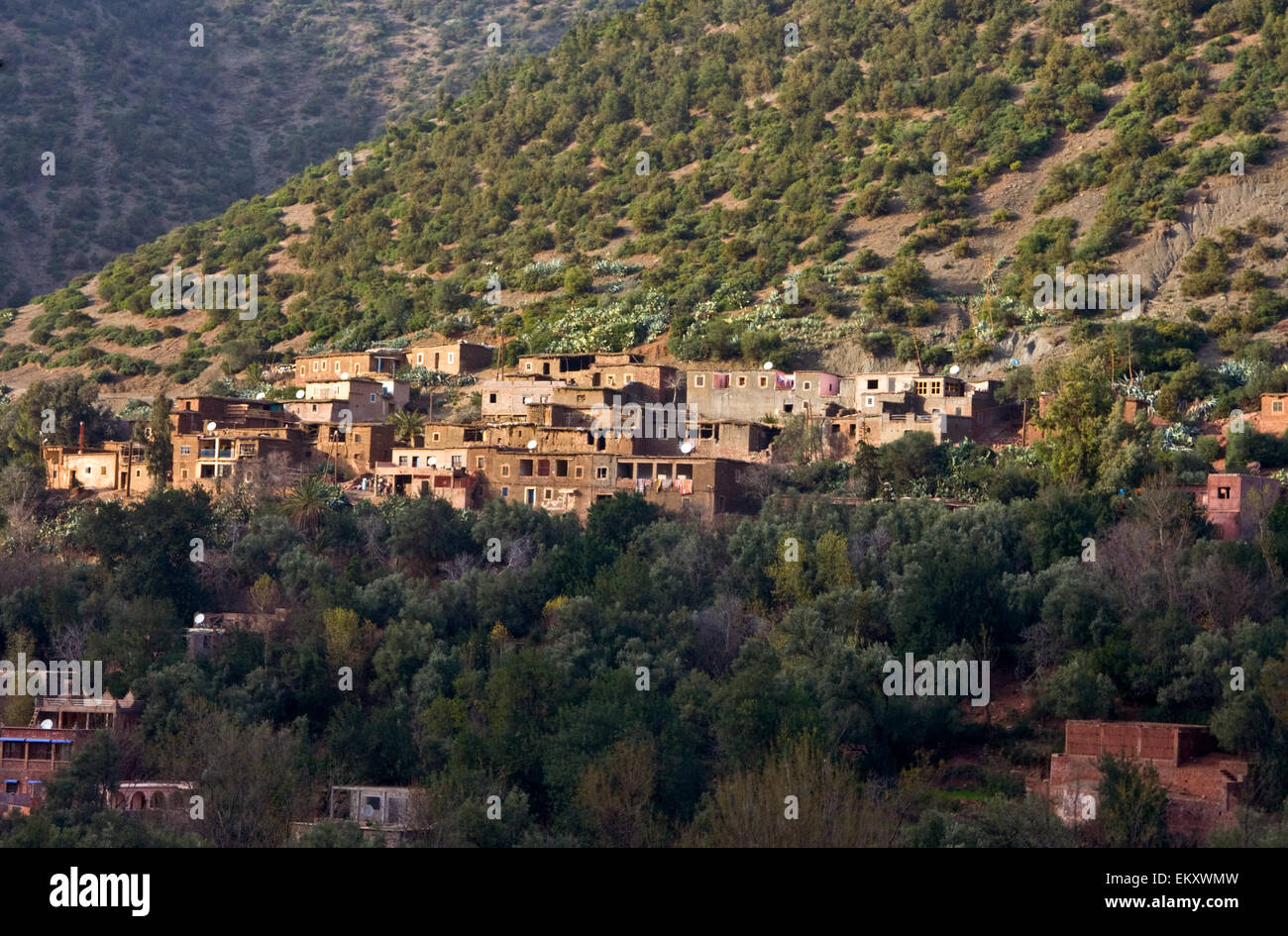 Marocchino villaggio berbero in montagna con terrazza cultura, Ourika Valley, Marocco Foto Stock