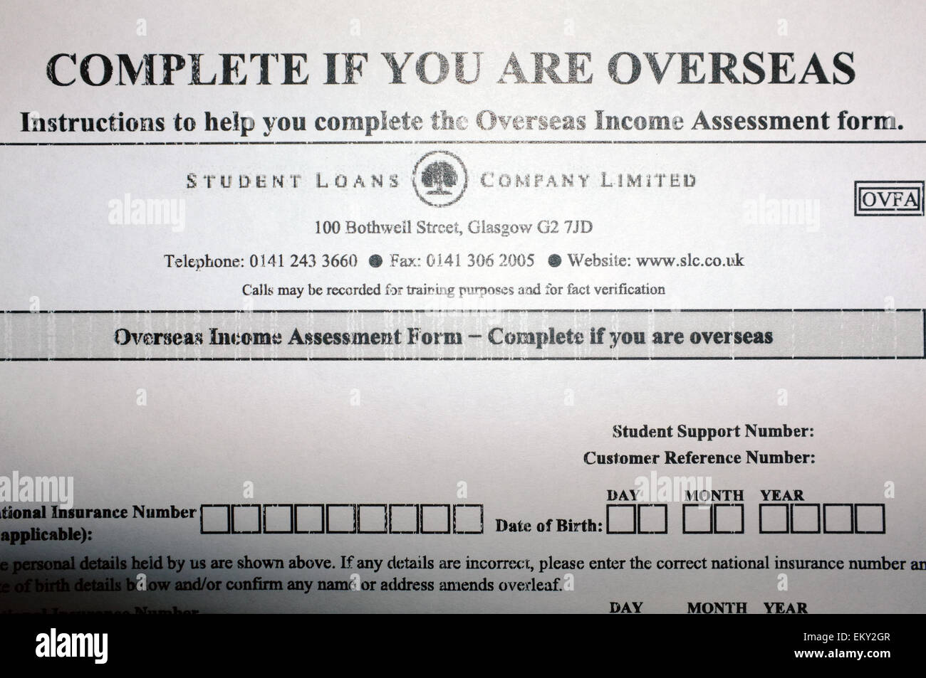 Un reddito estero modulo di valutazione inviata da Student Loans Company Limited. Foto Stock